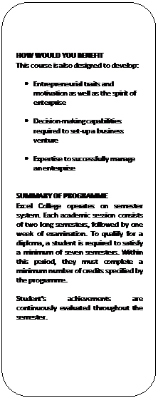 Rounded Rectangle: HOW WOULD YOU BENEFIT
This course is also designed to develop:

�	Entrepreneurial traits and motivation as well as the spirit of enterprise

�	Decision-making capabilities required to set-up a business venture

�	Expertise to successfully manage an enterprise


SUMMARY OF PROGRAMME
Excel College operates on semester system. Each academic session consists of two long semesters, followed by one week of examination. To qualify for a diploma, a student is required to satisfy a minimum of seven semesters. Within this period, they must complete a minimum number of credits specified by the programme.

Student�s achievements are continuously evaluated throughout the semester.

